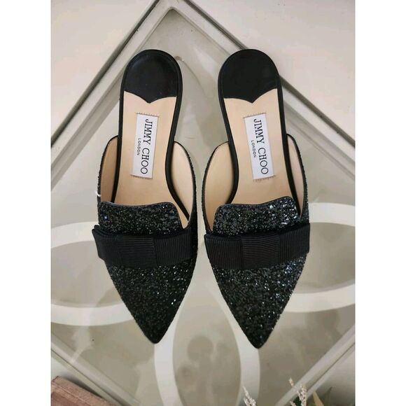 Jimmy Choo Women's Black Coarse Glitter Galaxy Mule Flats Shoes Size 37 - Picture 3 of 12